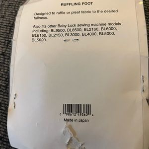 Sewing machine foot. Baby Lock Ruffling Foot. Rarely used. Very good condition.